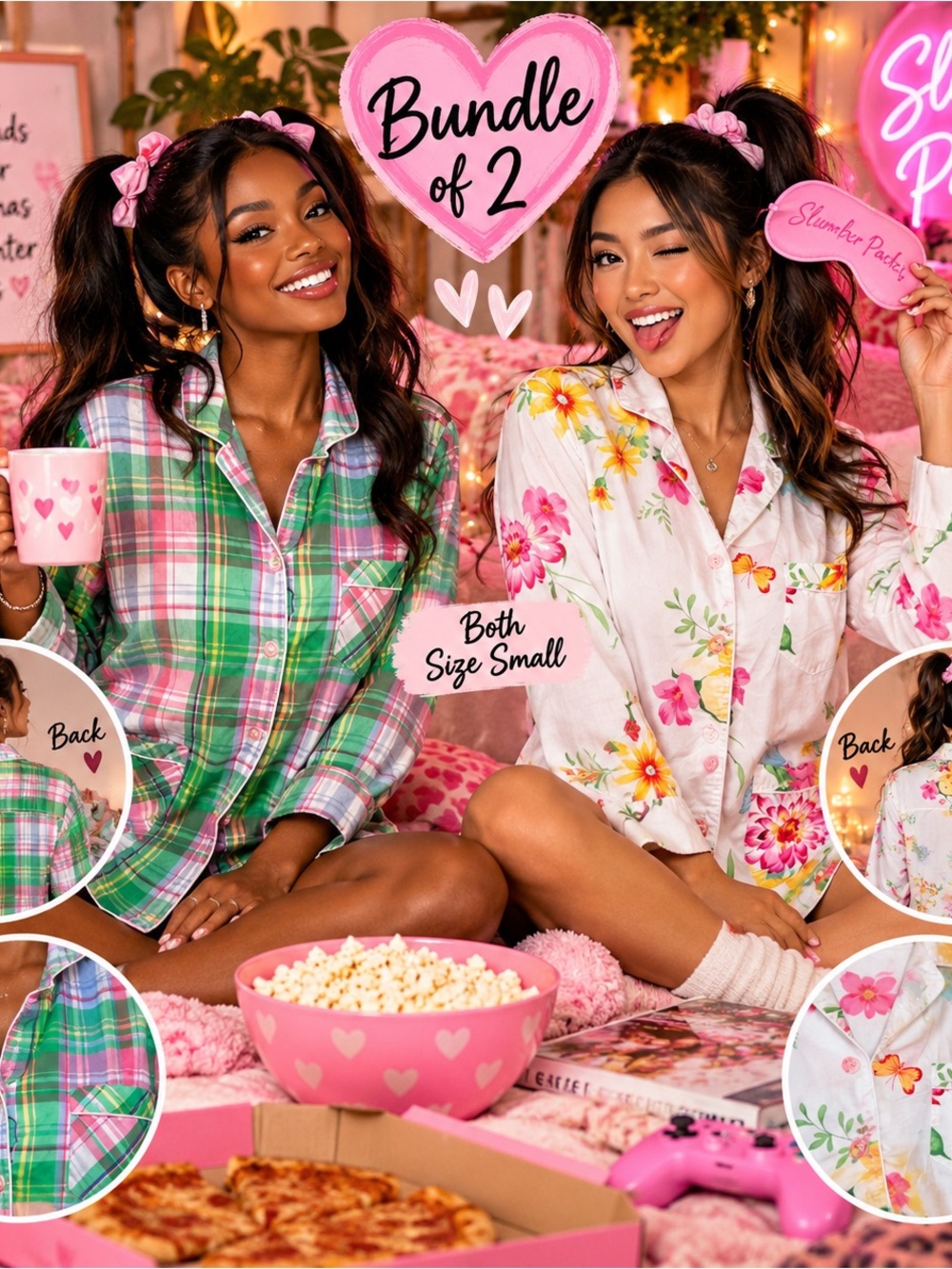 Victoria's Secret Pink & Green Plaid and Pink Floral Pajama Set Bundle